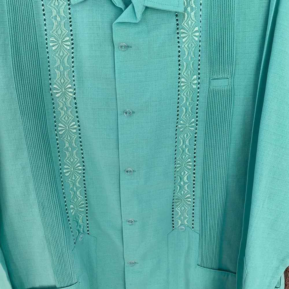 𝅺Guayabera Shirt Long Sleeve 100% Linen Teal NWOT - Picture 11 of 13